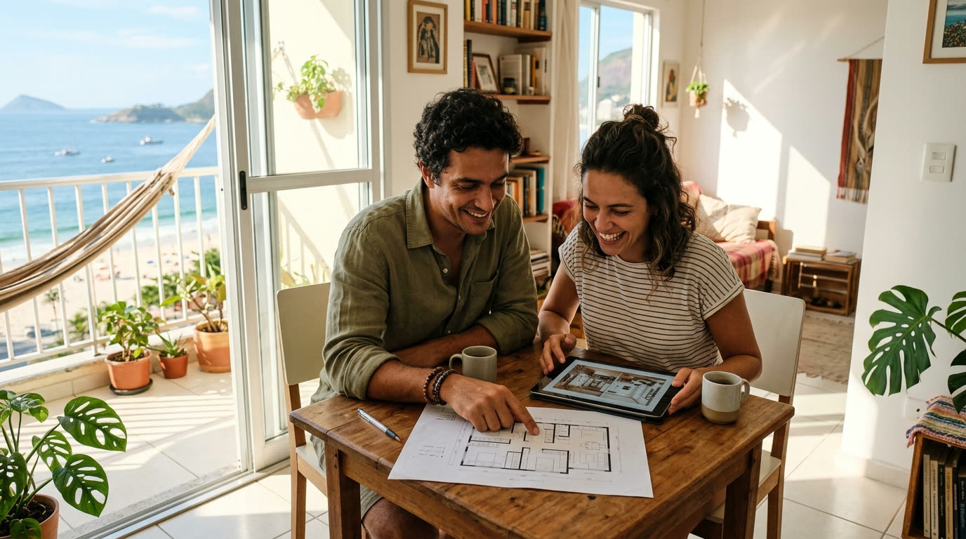 Casal analisando planta de apartamento com vista para o mar (imagem ilustrativa)
