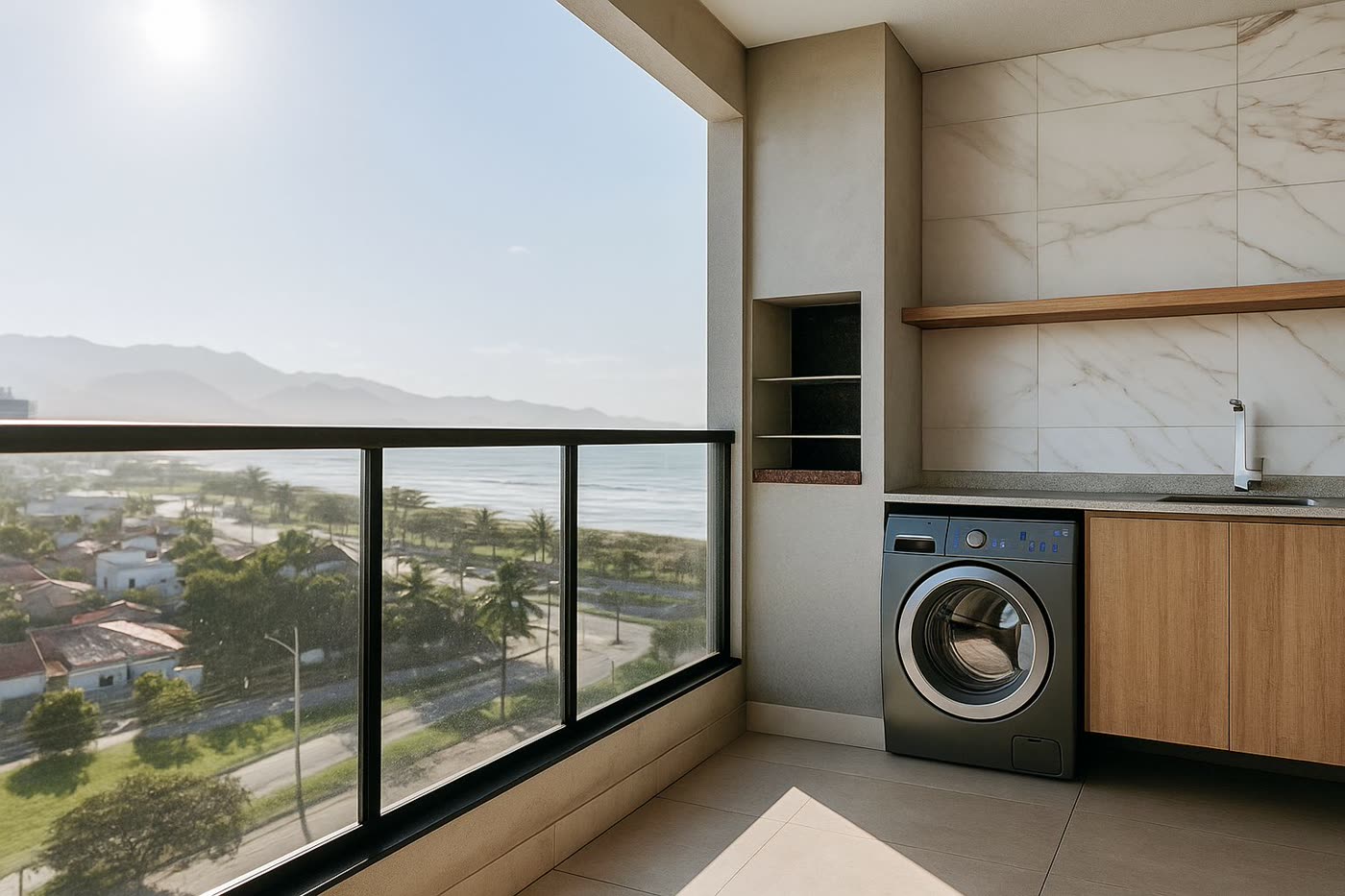Varanda gourmet com churrasqueira e vista para o mar em apartamento do Bilbao Residencial, Caraguatatuba